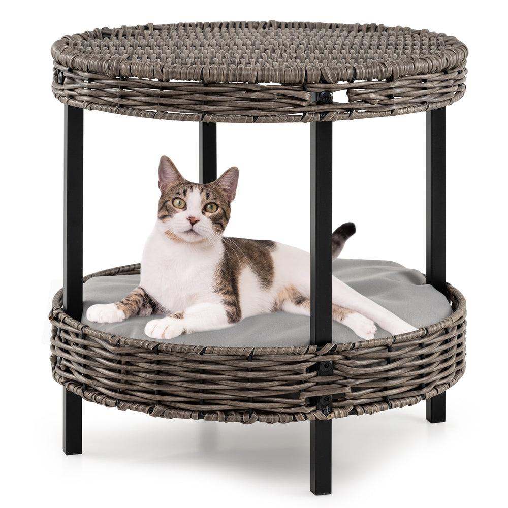 2-tier Rattan Cat Nest with Removable Padded Cushion Cat House
