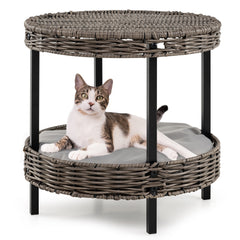 2-tier Rattan Cat Nest with Removable Padded Cushion Cat House