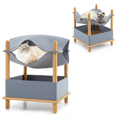2-Tier Wooden Cat House with Semi-enclosed Condo and Removable Clothes Cat Tree - view 4