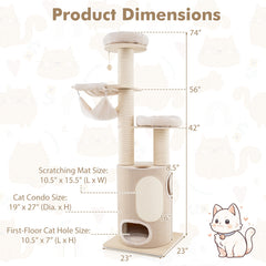 74 Inches Tall Wooden Cat Tower Tree with 2-Story Cat Condo and Washable - view 4