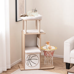 47 Inches Wooden Cat Tree with 2-Story Cat Condo and Basketball Hoop Hammock - view 2