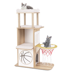 47 Inches Wooden Cat Tree with 2-Story Cat Condo and Basketball Hoop Hammock