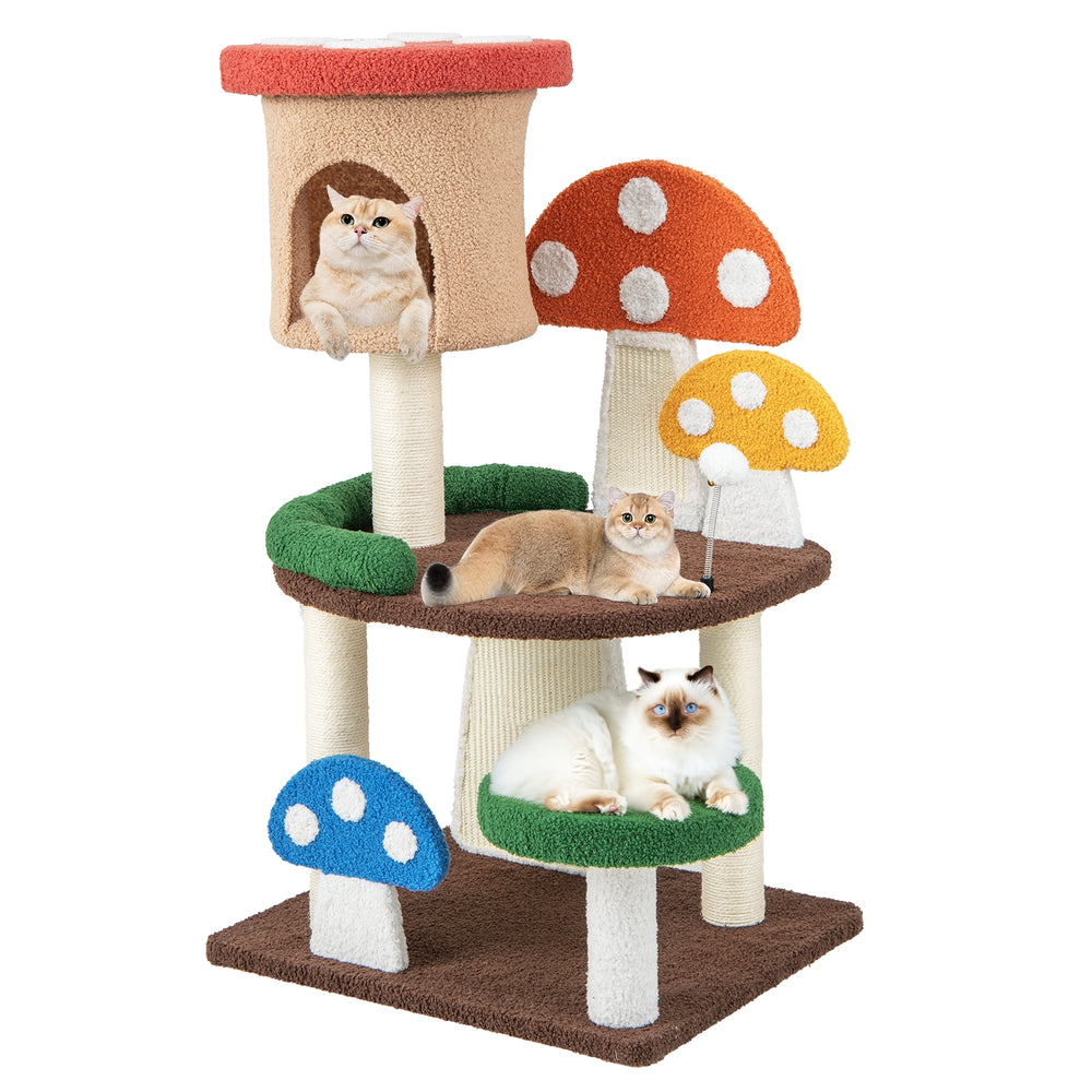 Patended 4-In-1 Mushroom Cat Tree with Condo Spring Ball and Sisal Posts