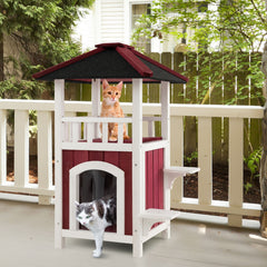 2-Story Wooden Cat House with Asphalt Roof Balcony and Rain Curtain-Red & White - view 2