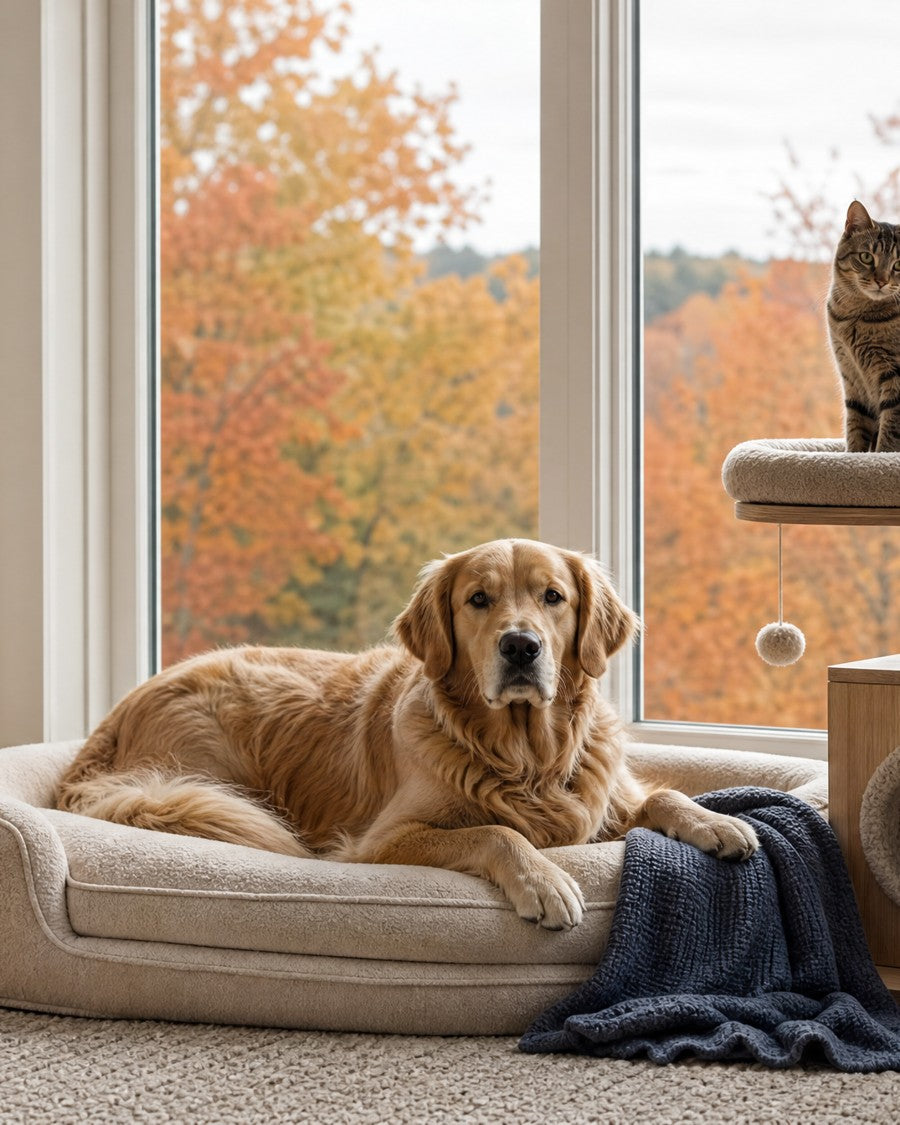 Golden retriever resting on a cream bed with autumn leaves outside