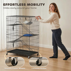 4-Tier Cat Cage, Large Cat Enclosure with Lockable Wheels, Tray, Hammock, Bed - view 4
