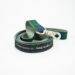 HAPPI Blackwatch Tartan Dog Leash with black 'Happiness is... long walks' ribbon panel and silver swivel clip