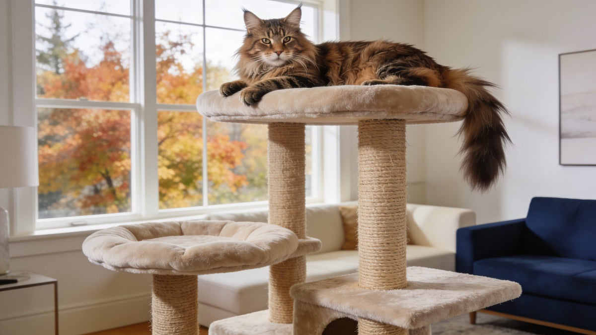 Large Maine Coon cat lounging on the wide top perch of a sturdy sisal cat tree