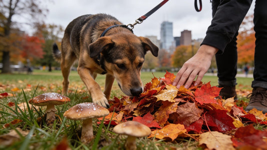 Dog on a leash sniffing autumn leaves in a Canadian park as its owner guides it away from wild mushrooms