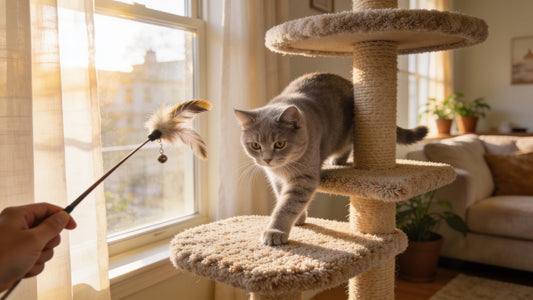 Grey cat stepping onto a new cat tree by a sunny window while a feather wand toy dangles nearby