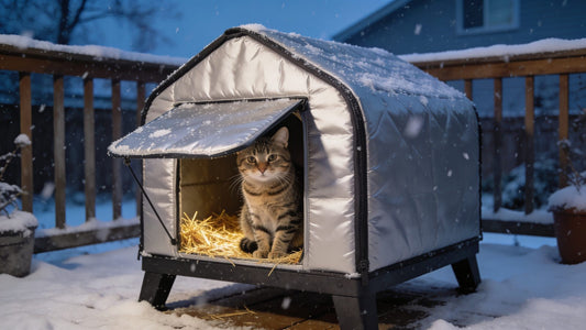 Tabby cat peeking out of an insulated outdoor cat shelter with straw bedding in the snow