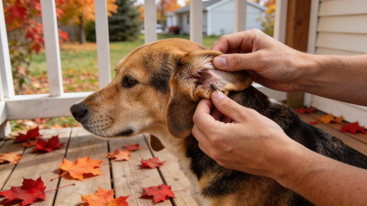 Owner checking behind a beagle mix's ear for ticks on a porch covered in fall maple leaves