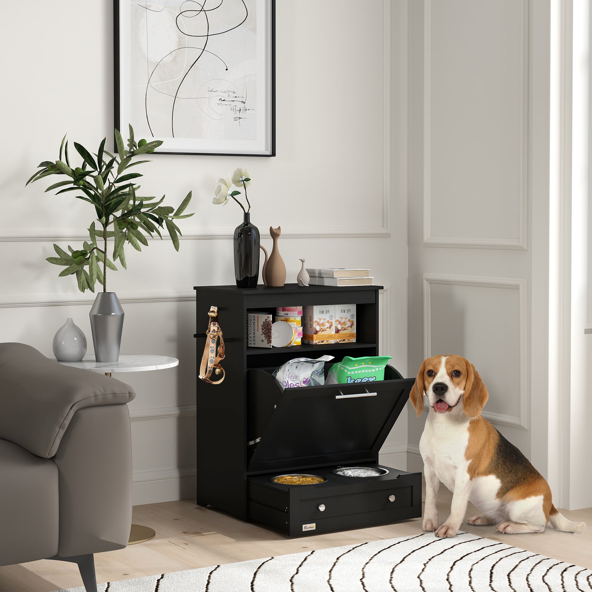 Pet Feeder Station Storage Cabinet, Dog Food Storage Container with Dog Raised - view 7