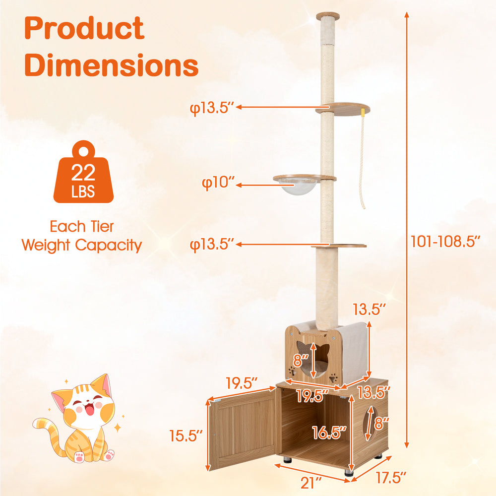 101 Inch Floor to Ceiling Cat Tree Height Adjustable with Litter Box Enclosure - view 3