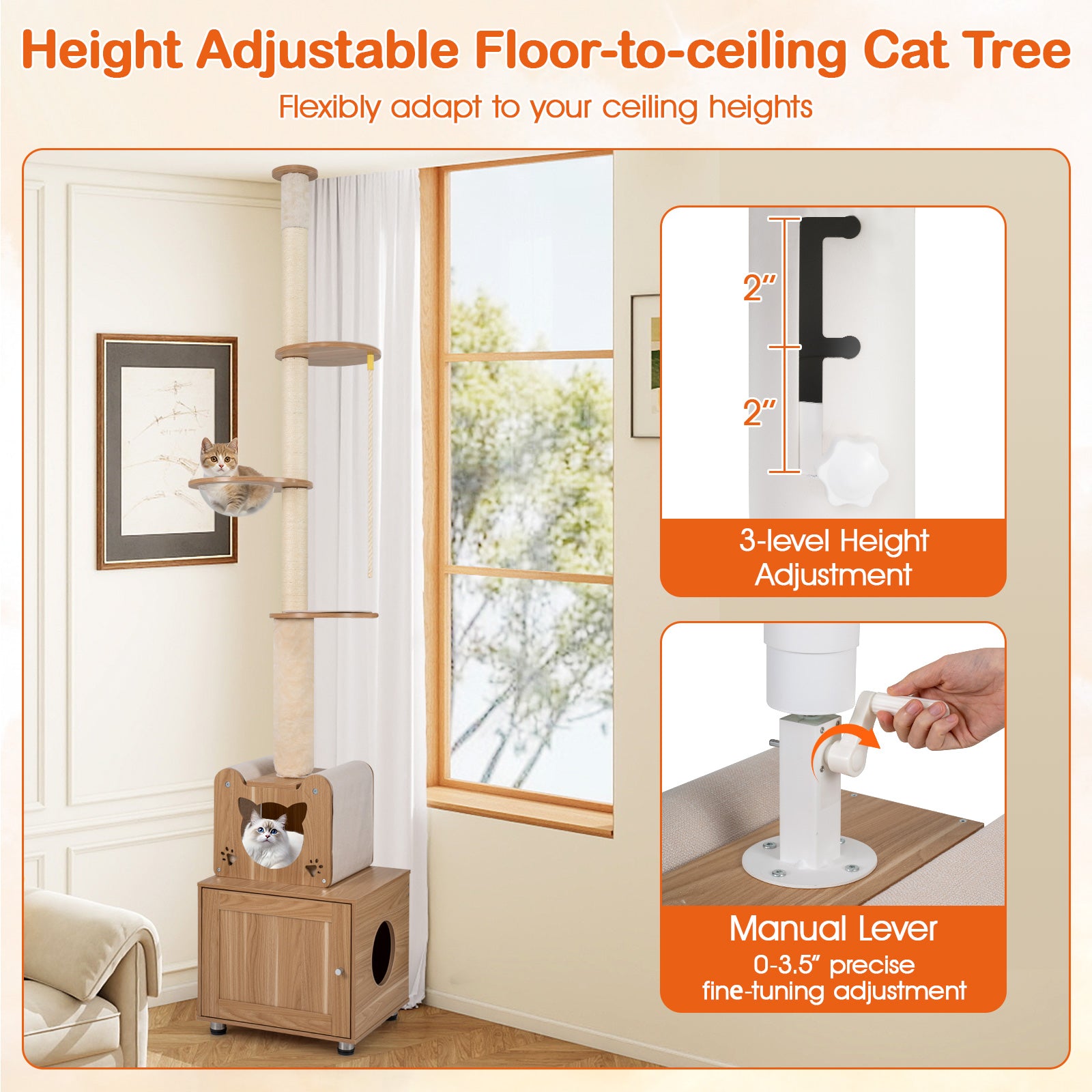 101 Inch Floor to Ceiling Cat Tree Height Adjustable with Litter Box Enclosure - view 5