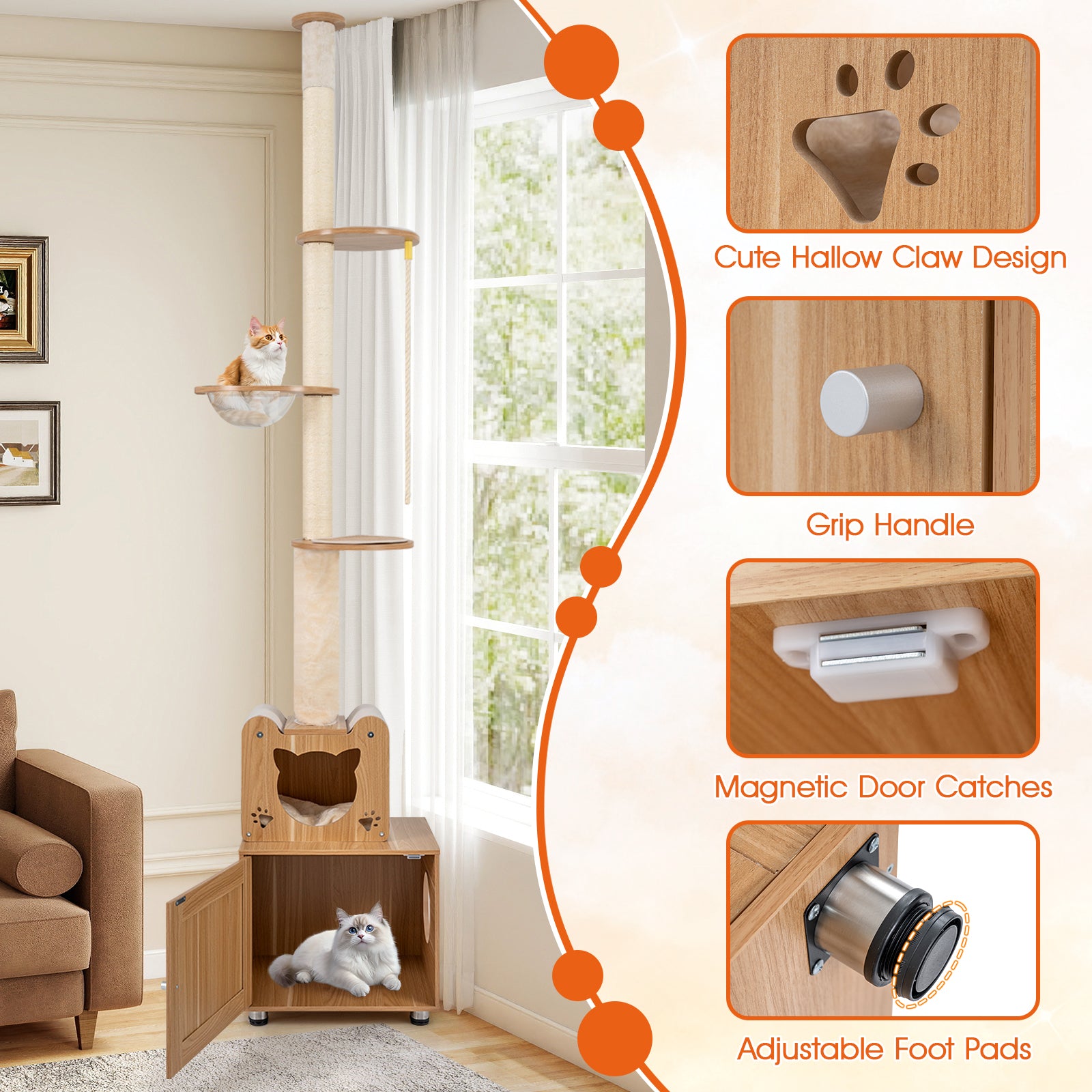 101 Inch Floor to Ceiling Cat Tree Height Adjustable with Litter Box Enclosure - view 8