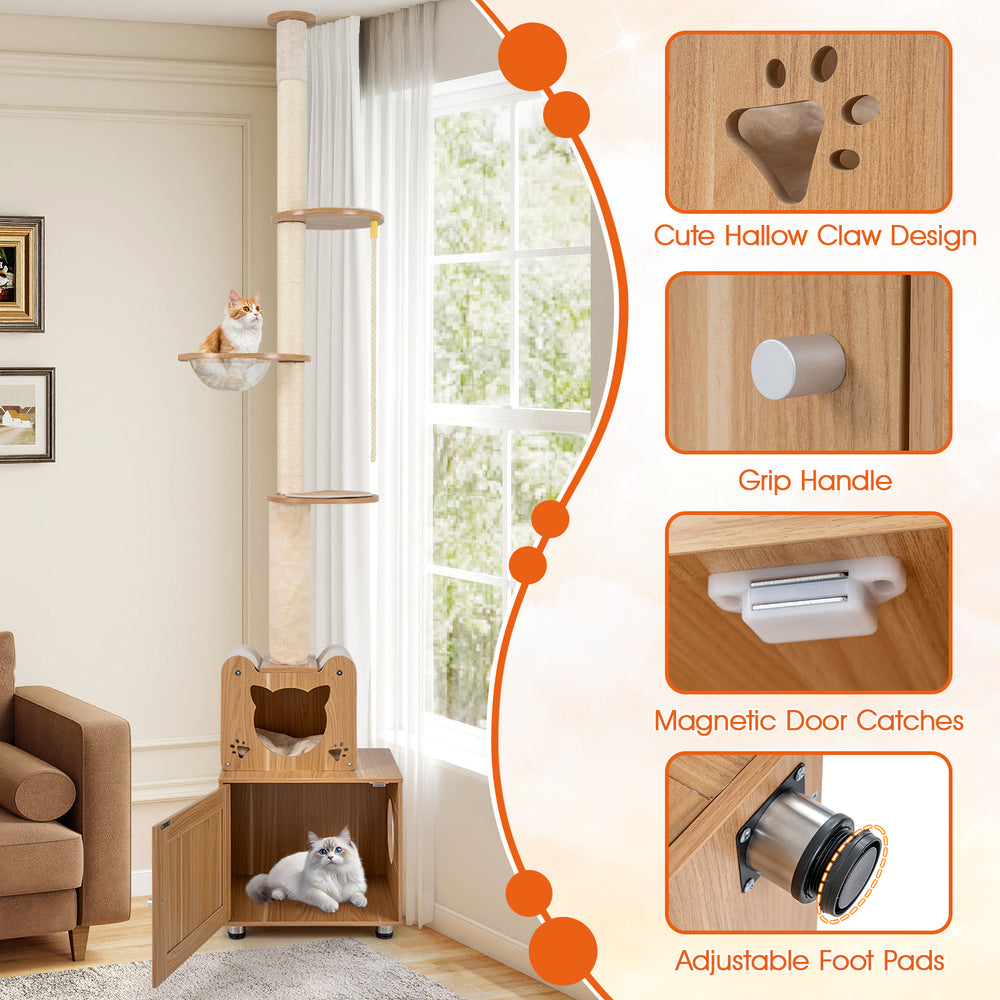 101 Inch Floor to Ceiling Cat Tree Height Adjustable with Litter Box Enclosure - view 8