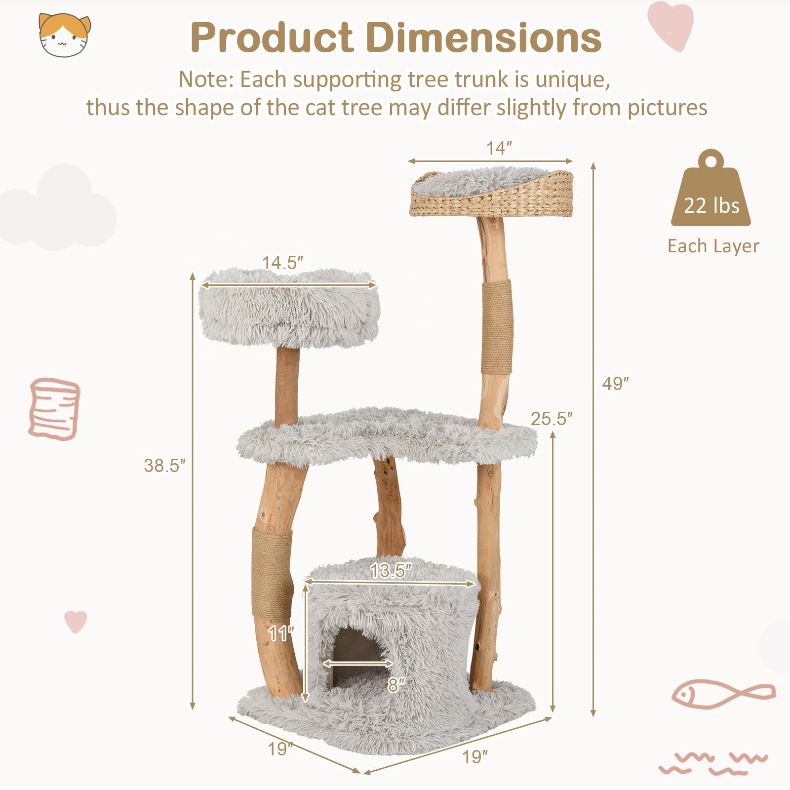 Solid Wood Cat Tower with Top Cattail Basket Cat Bed Cat Tree - view 5
