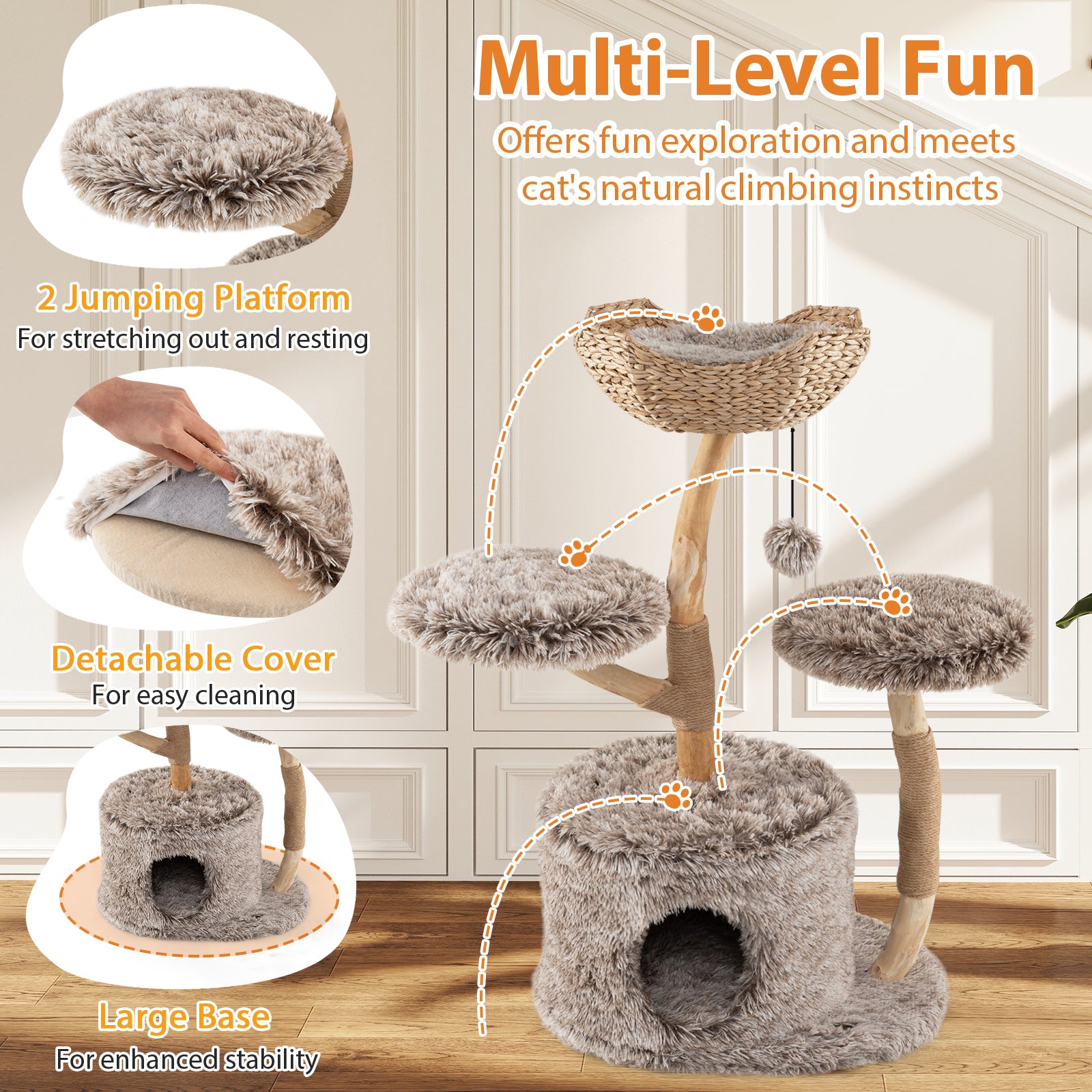 Wood Cat Tree Solid Pear Cat Tree with Perch and Sisal Scratching Posts - view 8