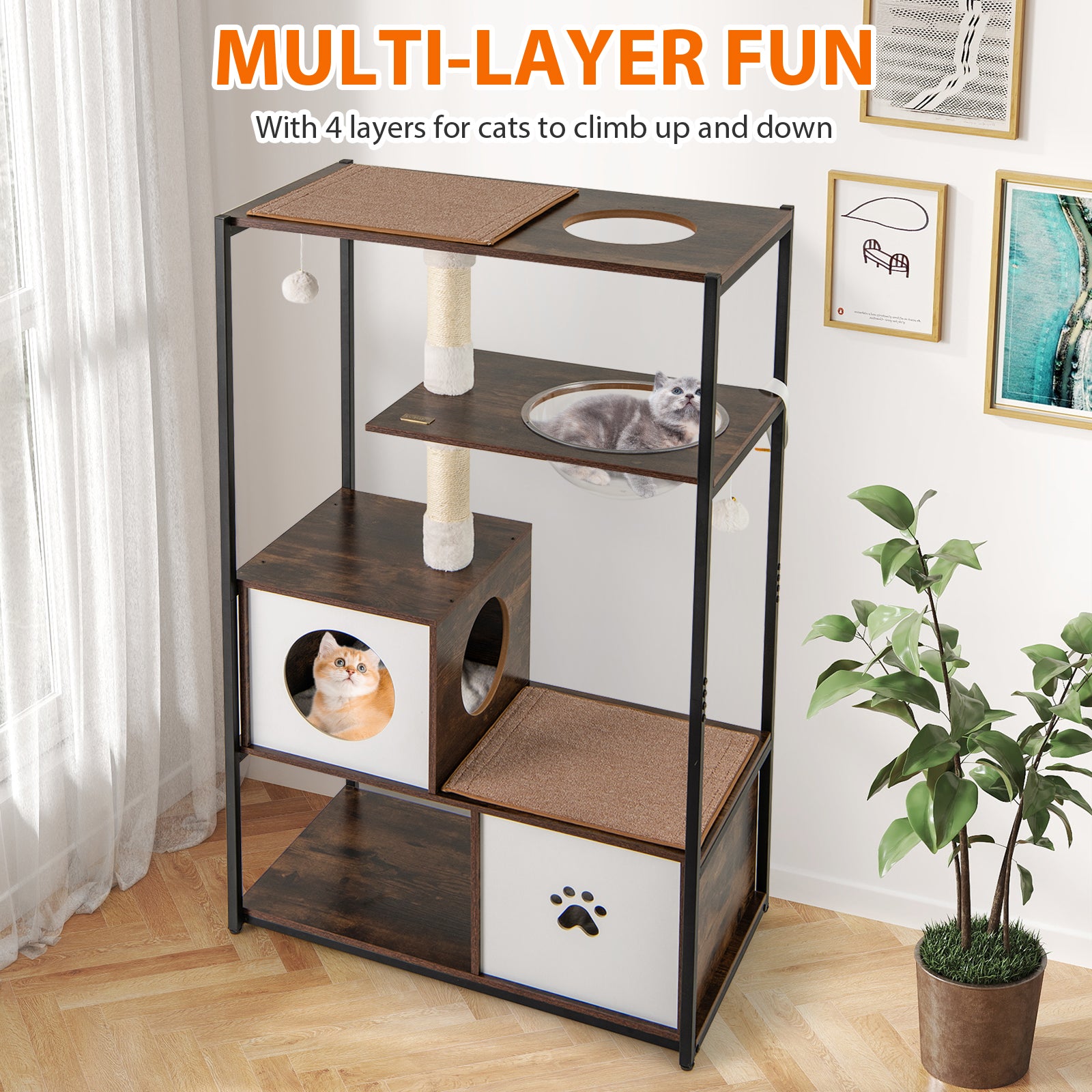 52 Inch Tall Wooden Cat Tree Metal Frame with 2 Condos and Cushions - view 6