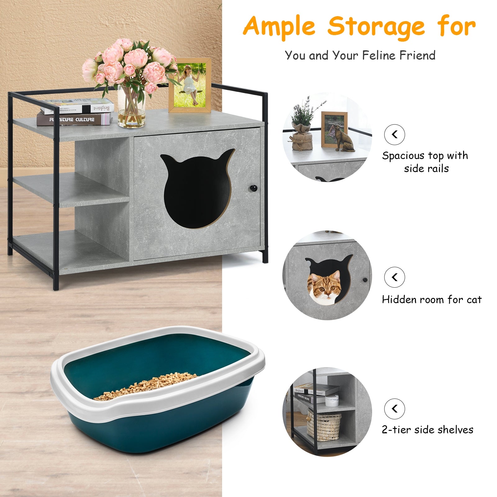 Enclosure Hidden Litter Furniture Cabinet with 2-Tier Storage Shelf Cat House - view 3