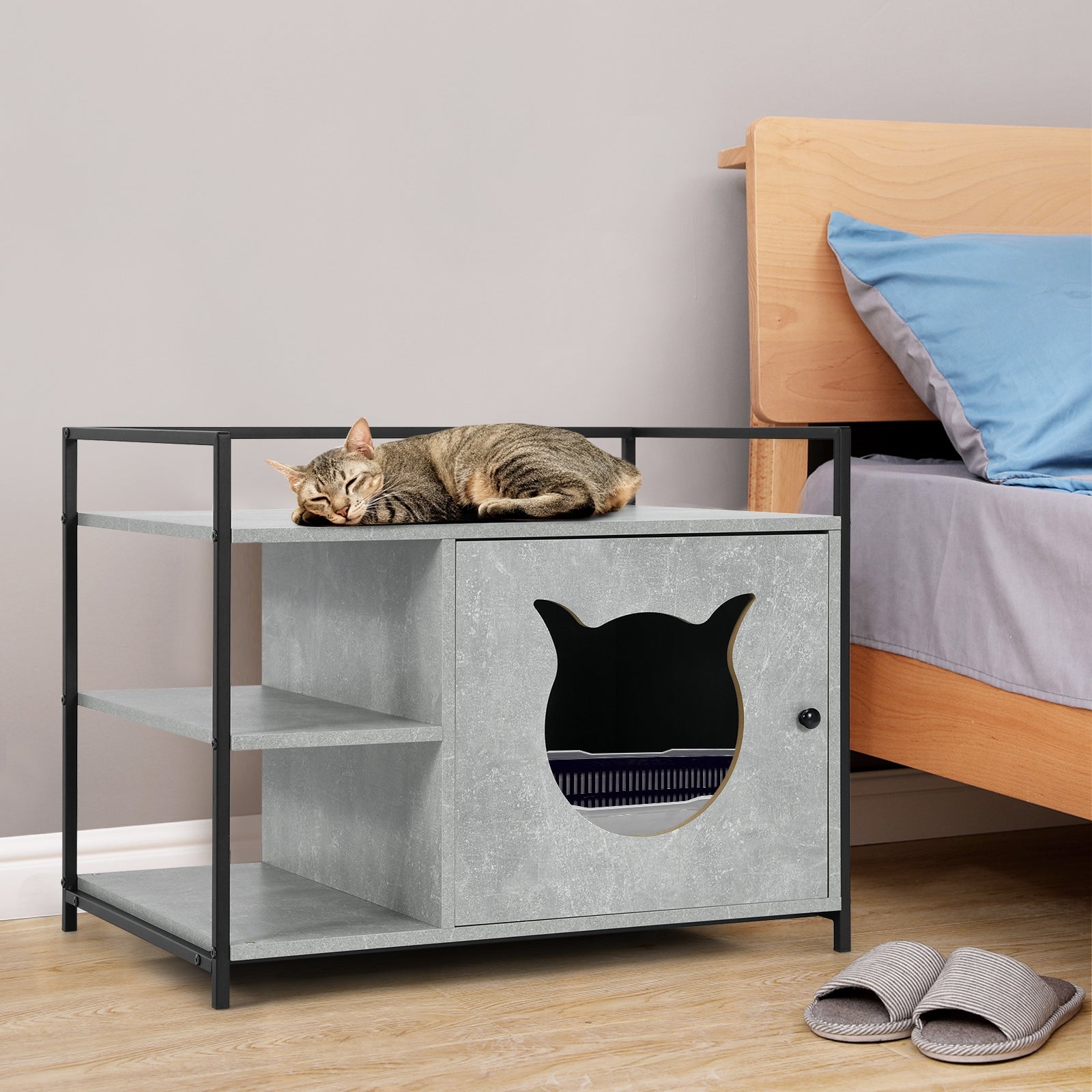 Enclosure Hidden Litter Furniture Cabinet with 2-Tier Storage Shelf Cat House - view 6