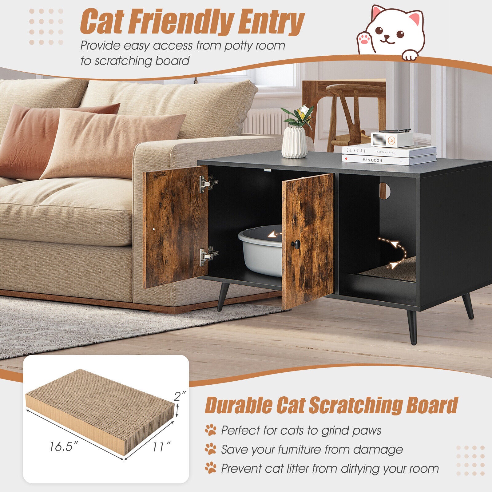 Cat Litter Box Enclosure with Double Door Cabinet Cat House - view 8