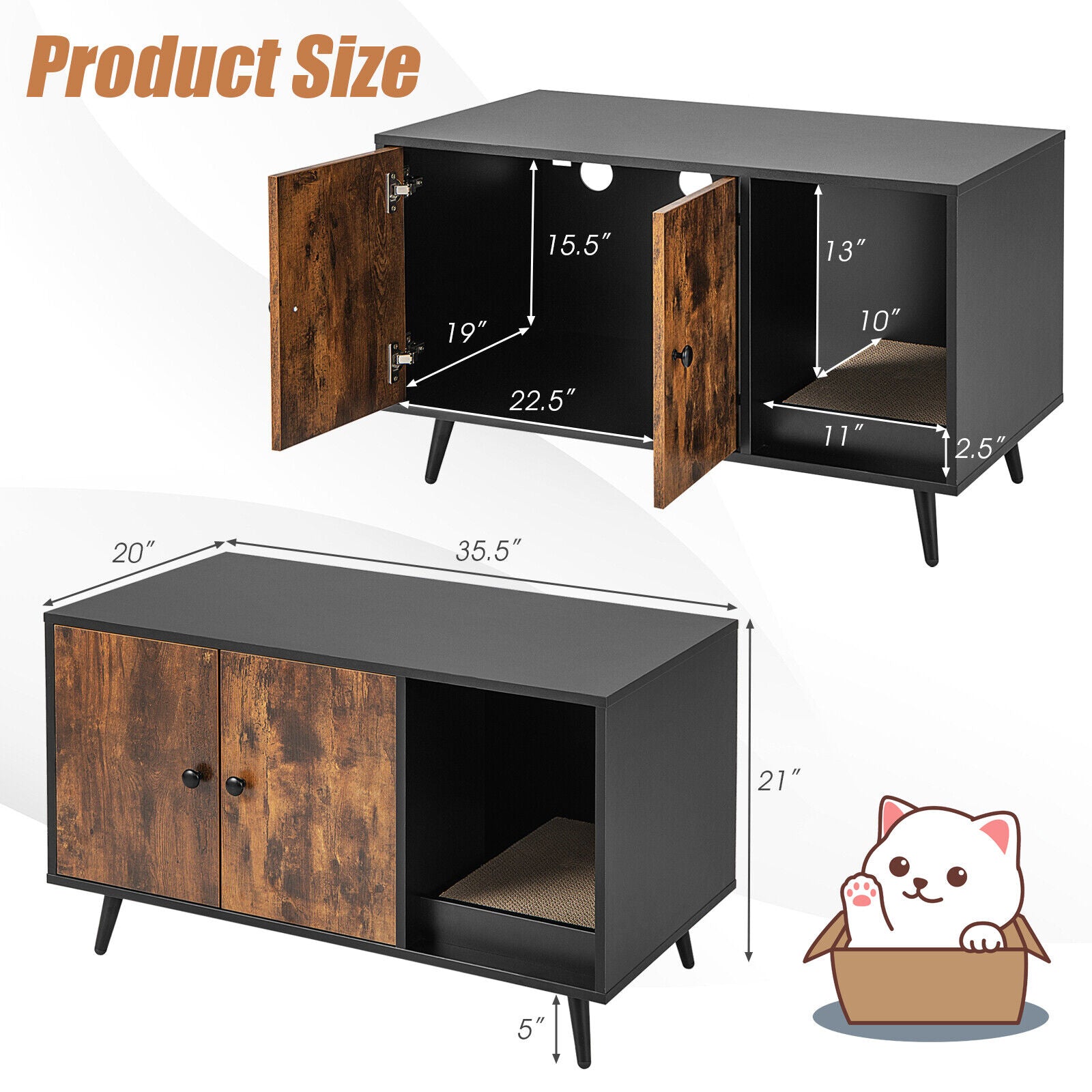Cat Litter Box Enclosure with Double Door Cabinet Cat House - view 5