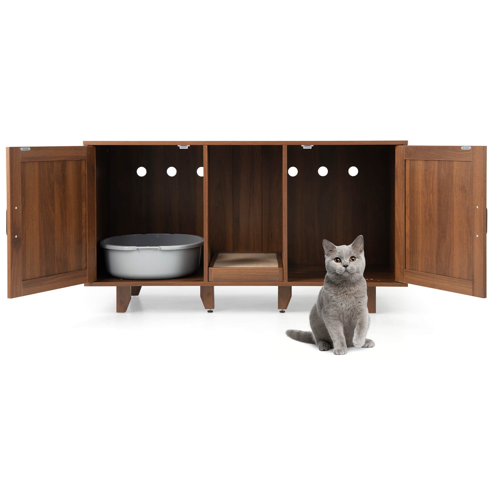 Patented 2-Door Cat Litter Box Enclosure with Winding Entry and Scratching - view 5