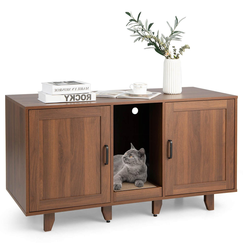 Patented 2-Door Cat Litter Box Enclosure with Winding Entry and Scratching