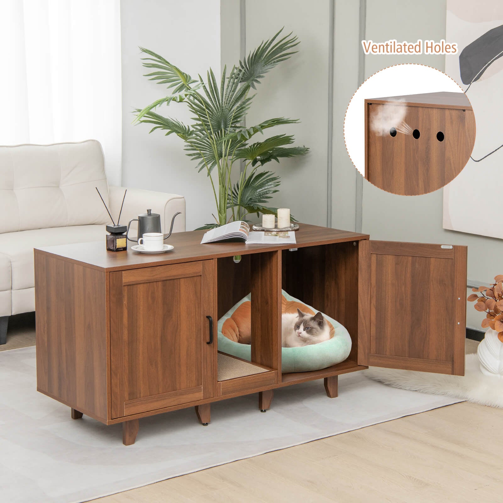 Patented 2-Door Cat Litter Box Enclosure with Winding Entry and Scratching - view 3