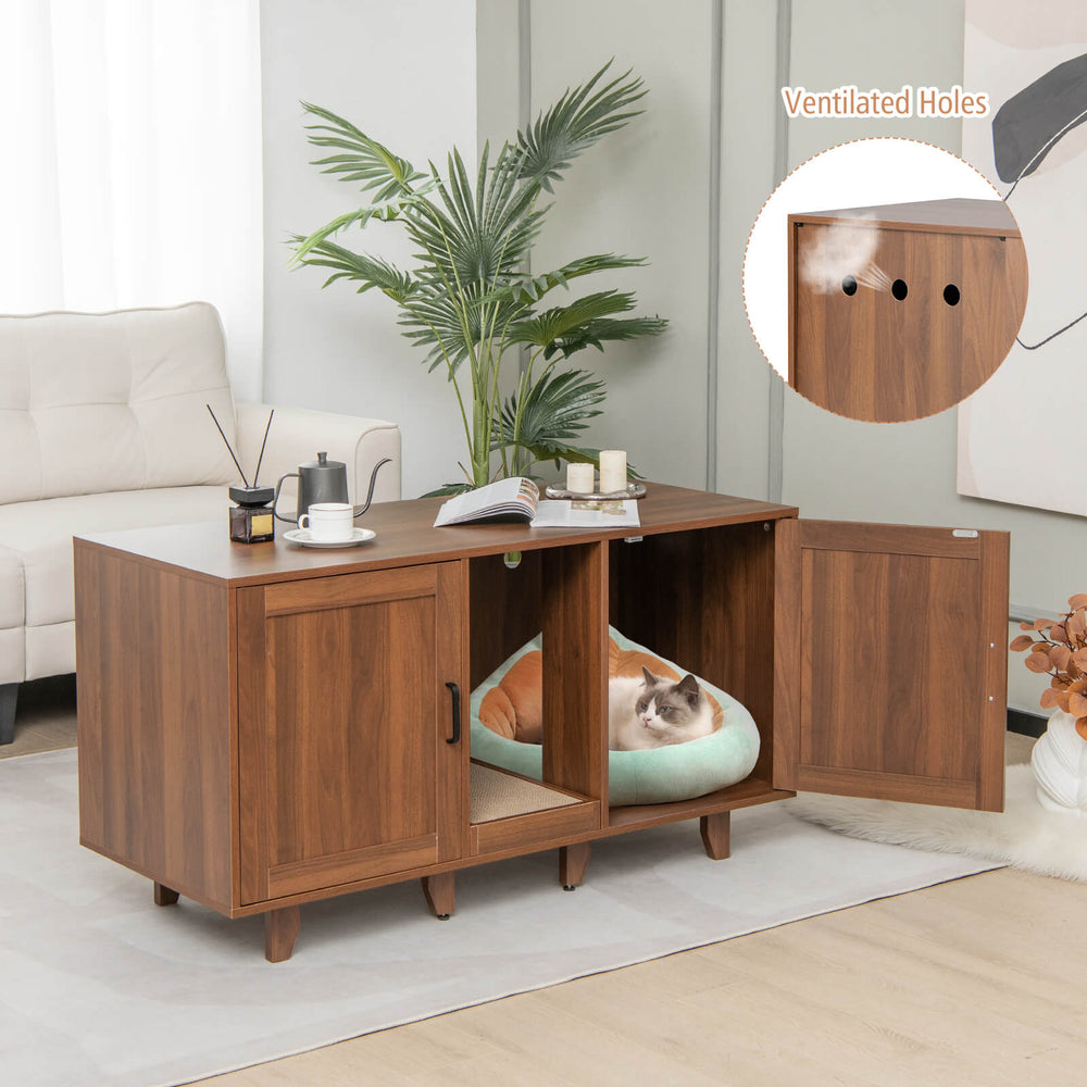 Patented 2-Door Cat Litter Box Enclosure with Winding Entry and Scratching - view 3