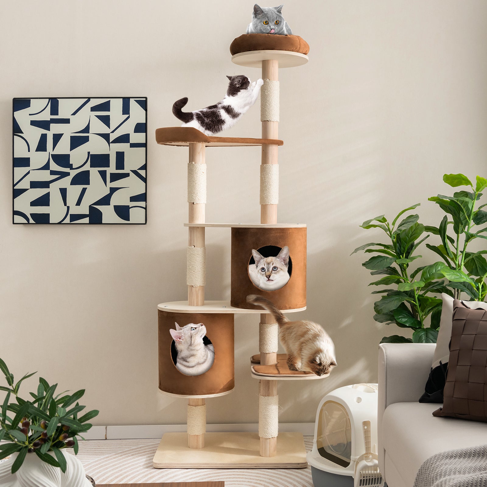 6-Tier Wooden Cat Tree with 2 Removeable Condos Platforms and Perch - view 2