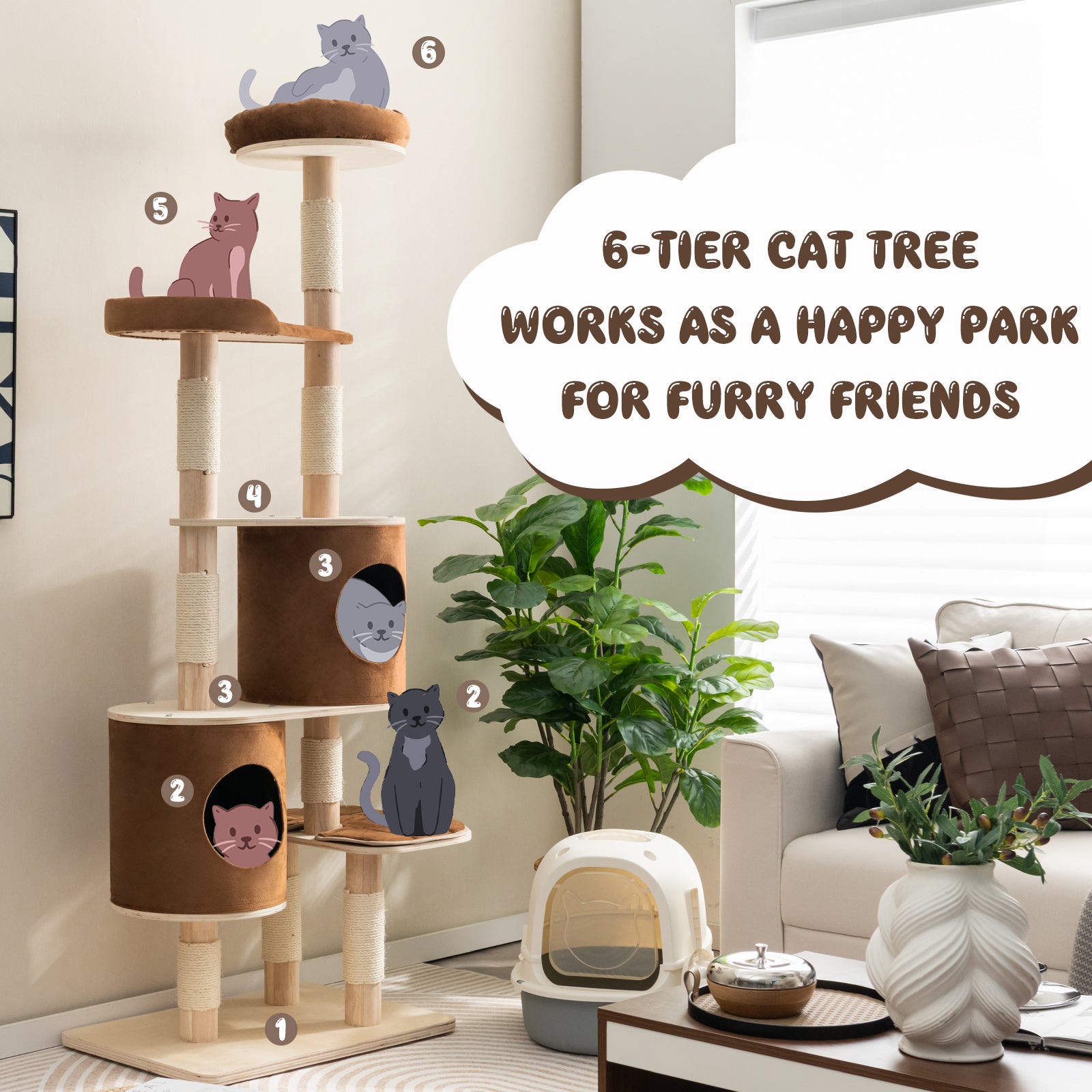 6-Tier Wooden Cat Tree with 2 Removeable Condos Platforms and Perch - view 5