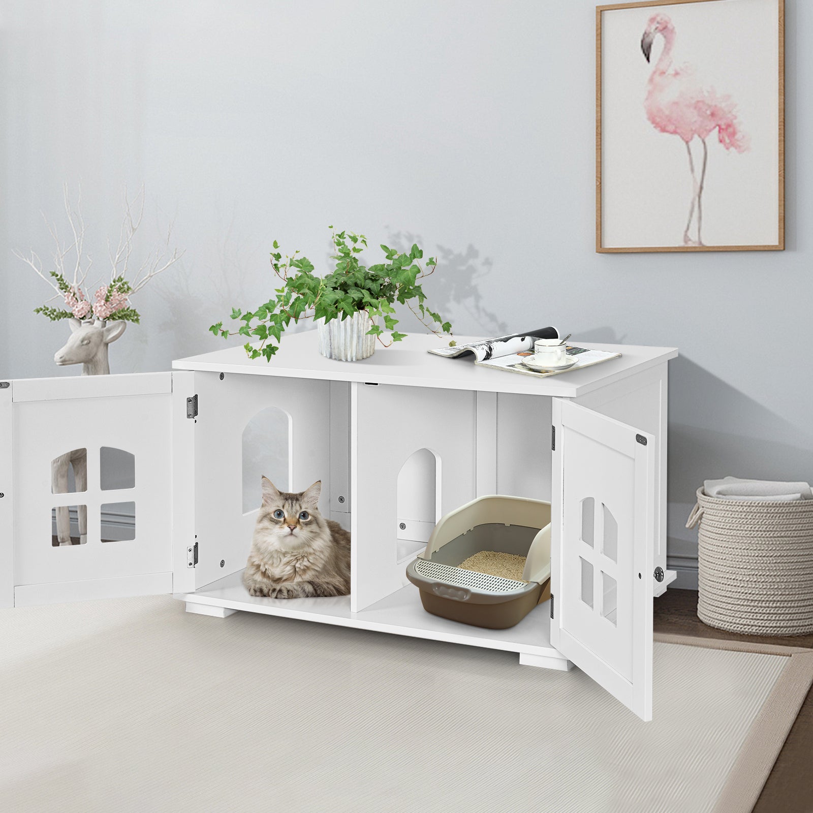 Large Wooden Cat Litter Box Enclosure Hidden Cat Washroom with Divider Cat House - view 3