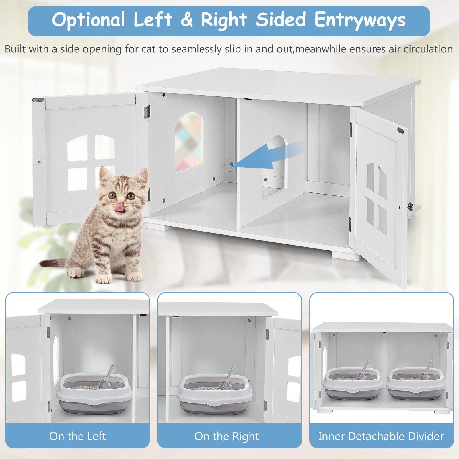 Large Wooden Cat Litter Box Enclosure Hidden Cat Washroom with Divider Cat House - view 8