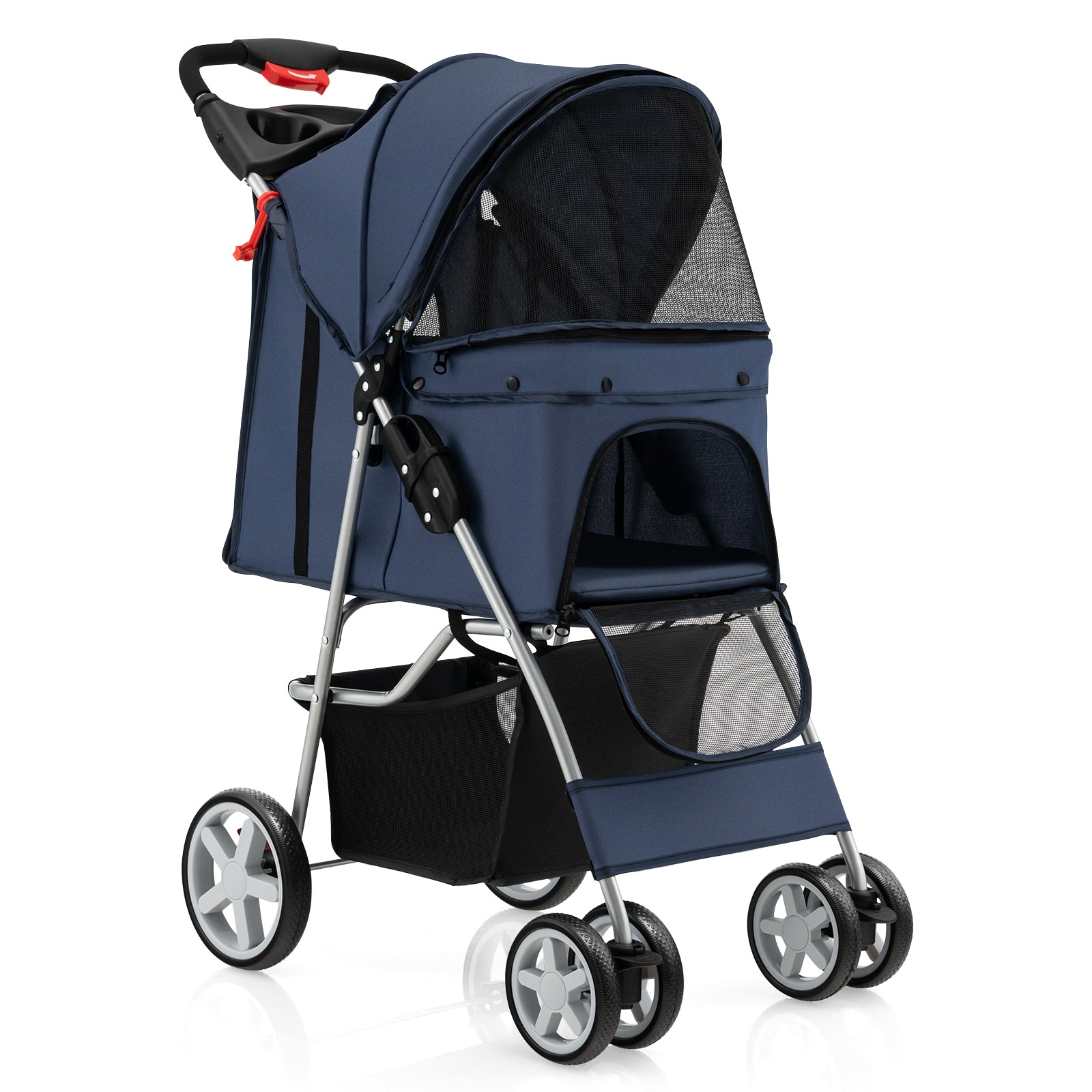 Foldable 4-Wheel Pet Stroller with Storage Basket