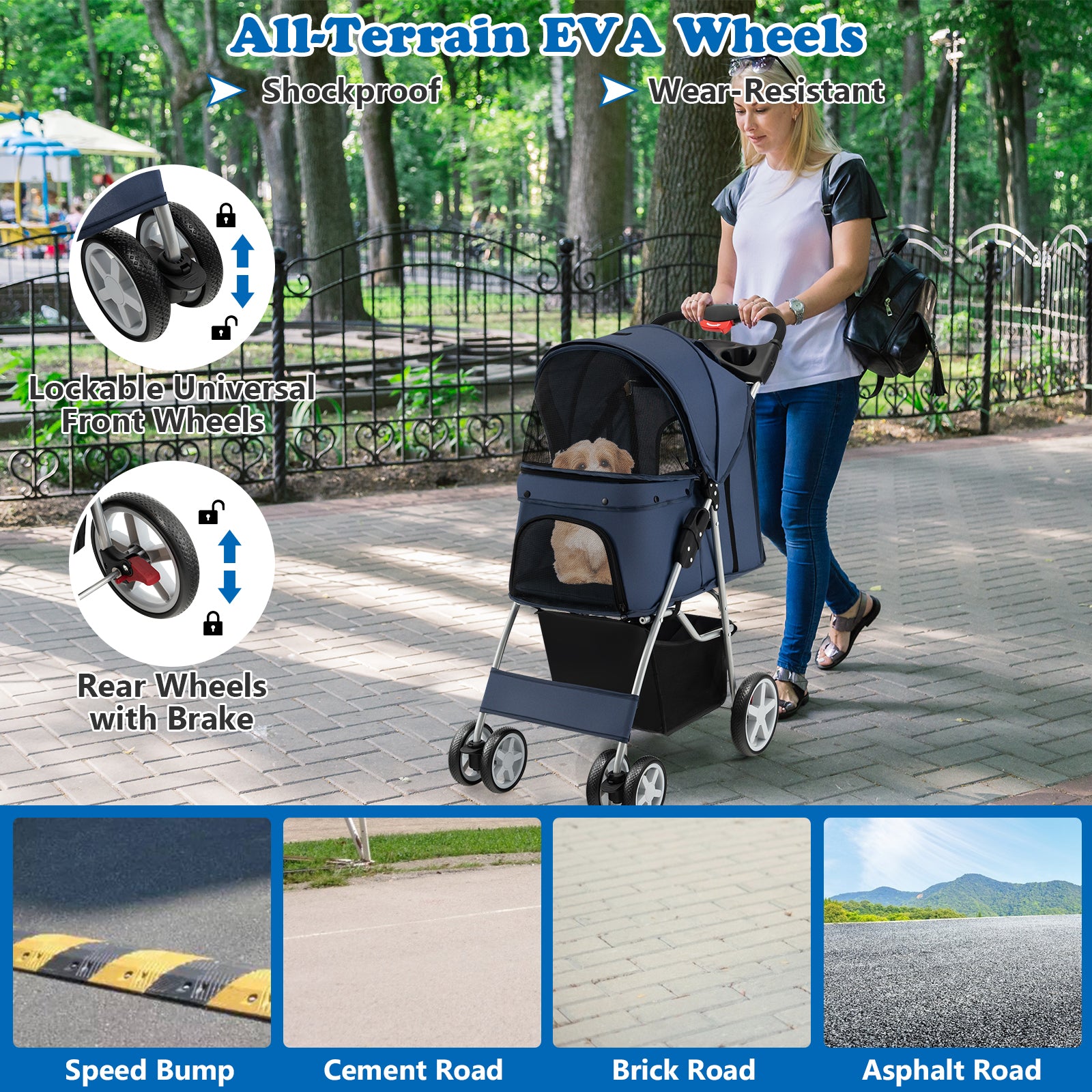Foldable 4-Wheel Pet Stroller with Storage Basket - view 7