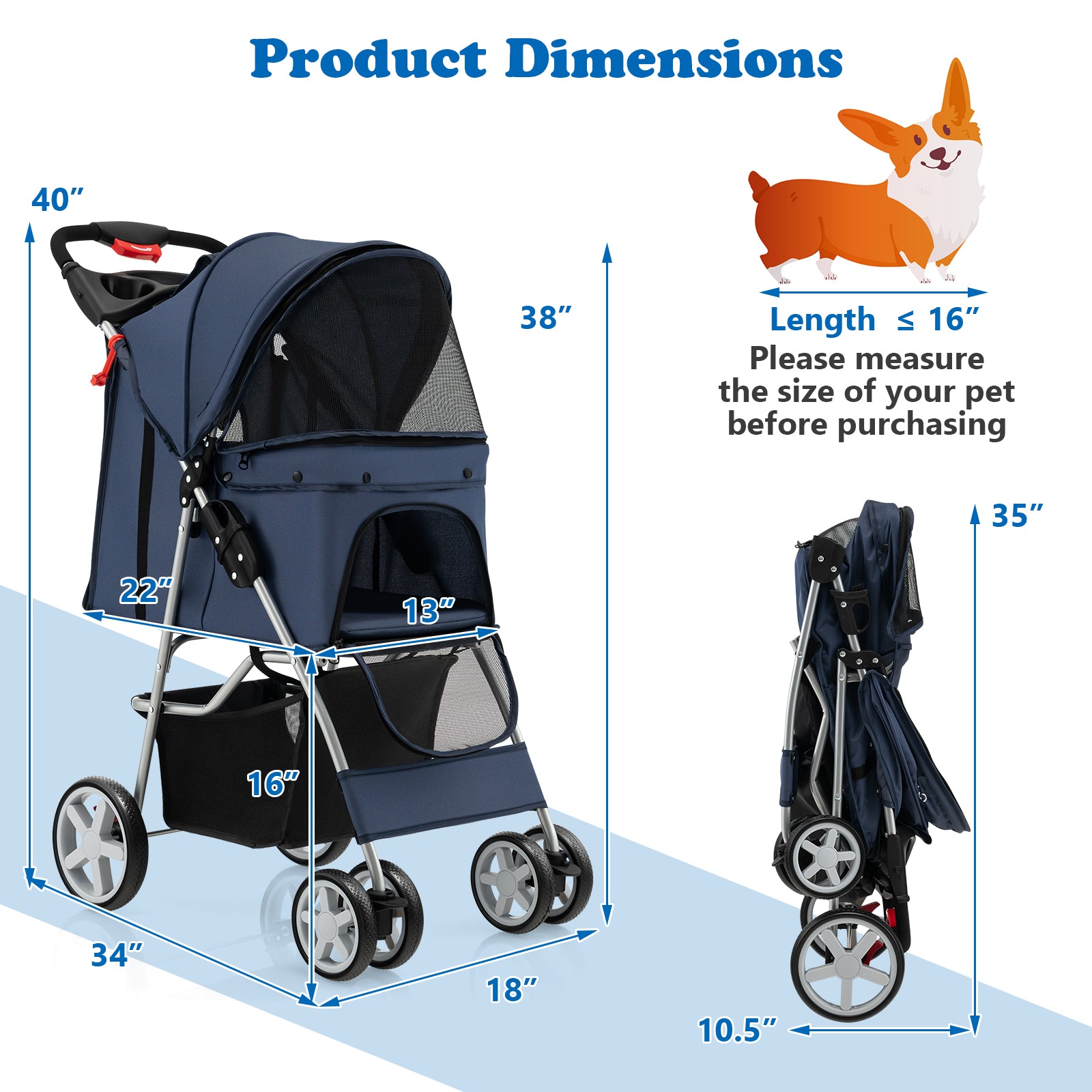 Foldable 4-Wheel Pet Stroller with Storage Basket - view 4