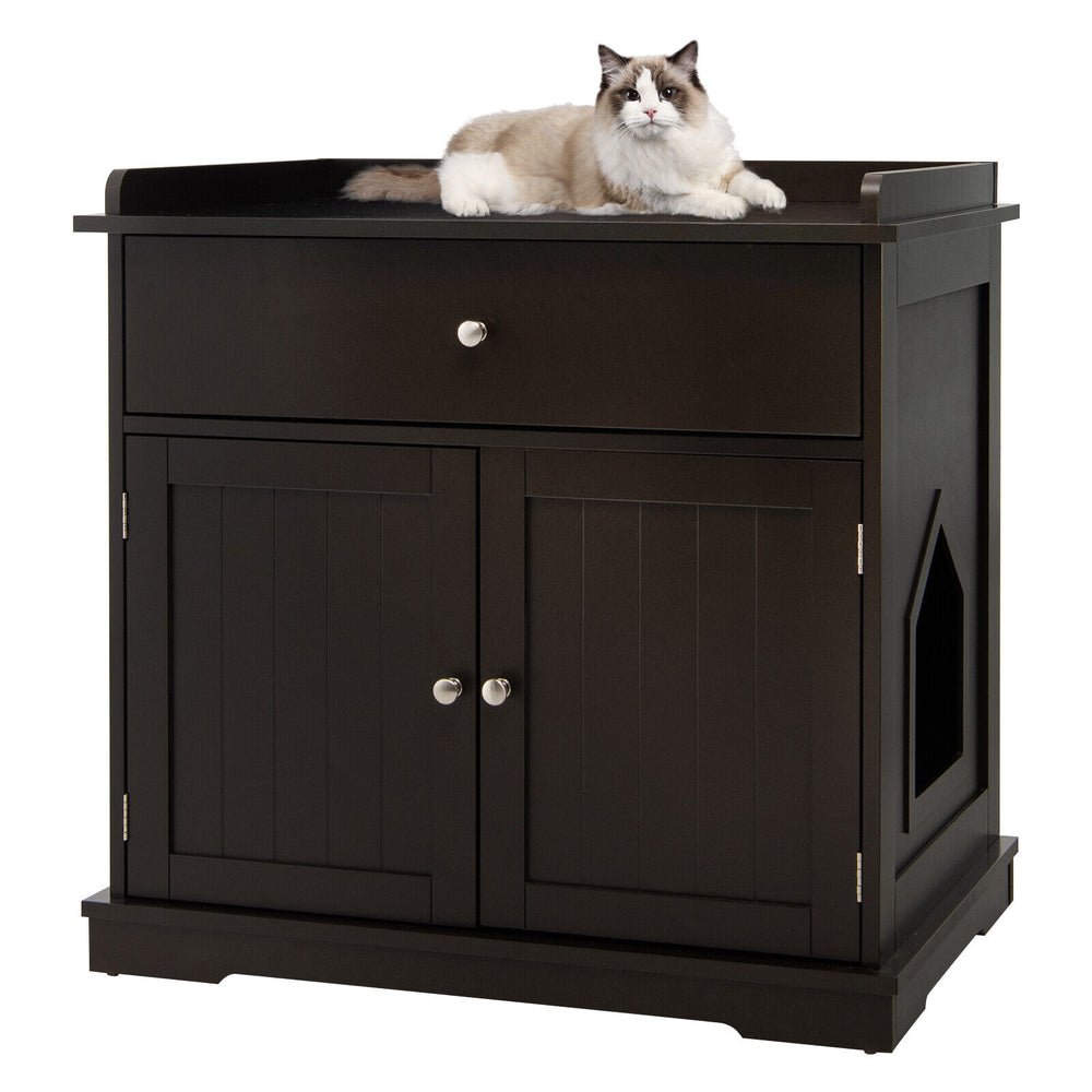 Wooden Cat Litter Box Enclosure with Drawer Side Table Furniture Cat House - view 4