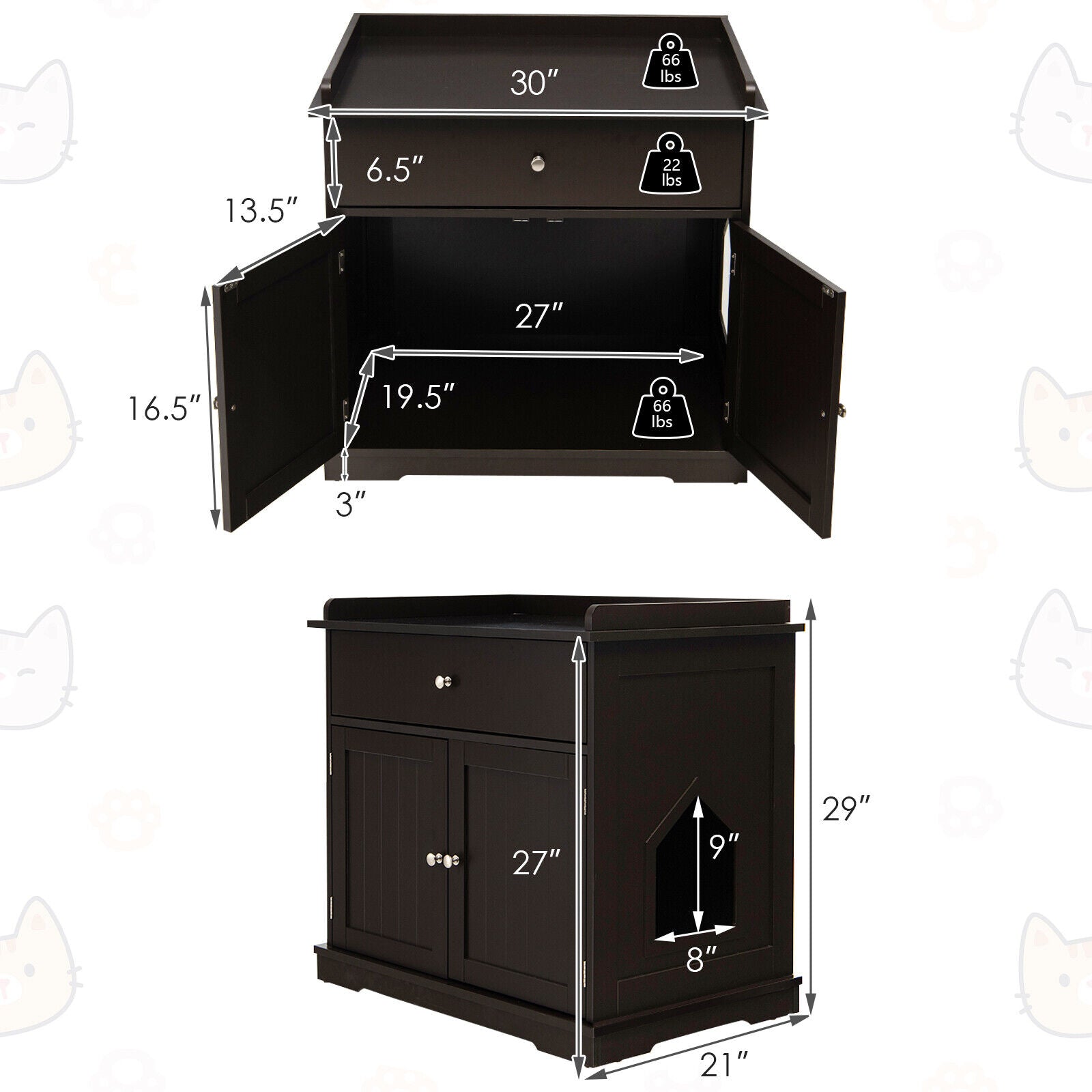 Wooden Cat Litter Box Enclosure with Drawer Side Table Furniture Cat House - view 5