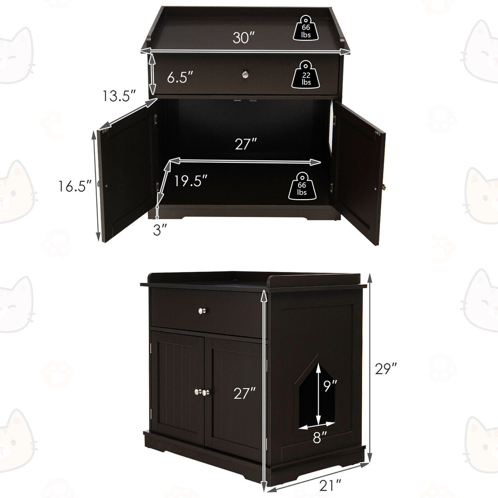 Wooden Cat Litter Box Enclosure with Drawer Side Table Furniture Cat House - view 5
