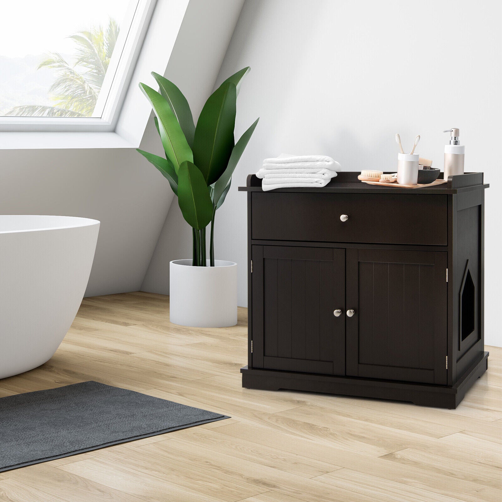 Wooden Cat Litter Box Enclosure with Drawer Side Table Furniture Cat House - view 6
