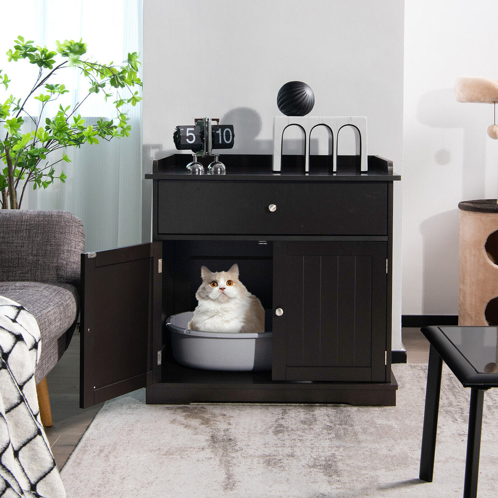 Wooden Cat Litter Box Enclosure with Drawer Side Table Furniture Cat House - view 2