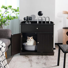 Wooden Cat Litter Box Enclosure with Drawer Side Table Furniture Cat House - view 2