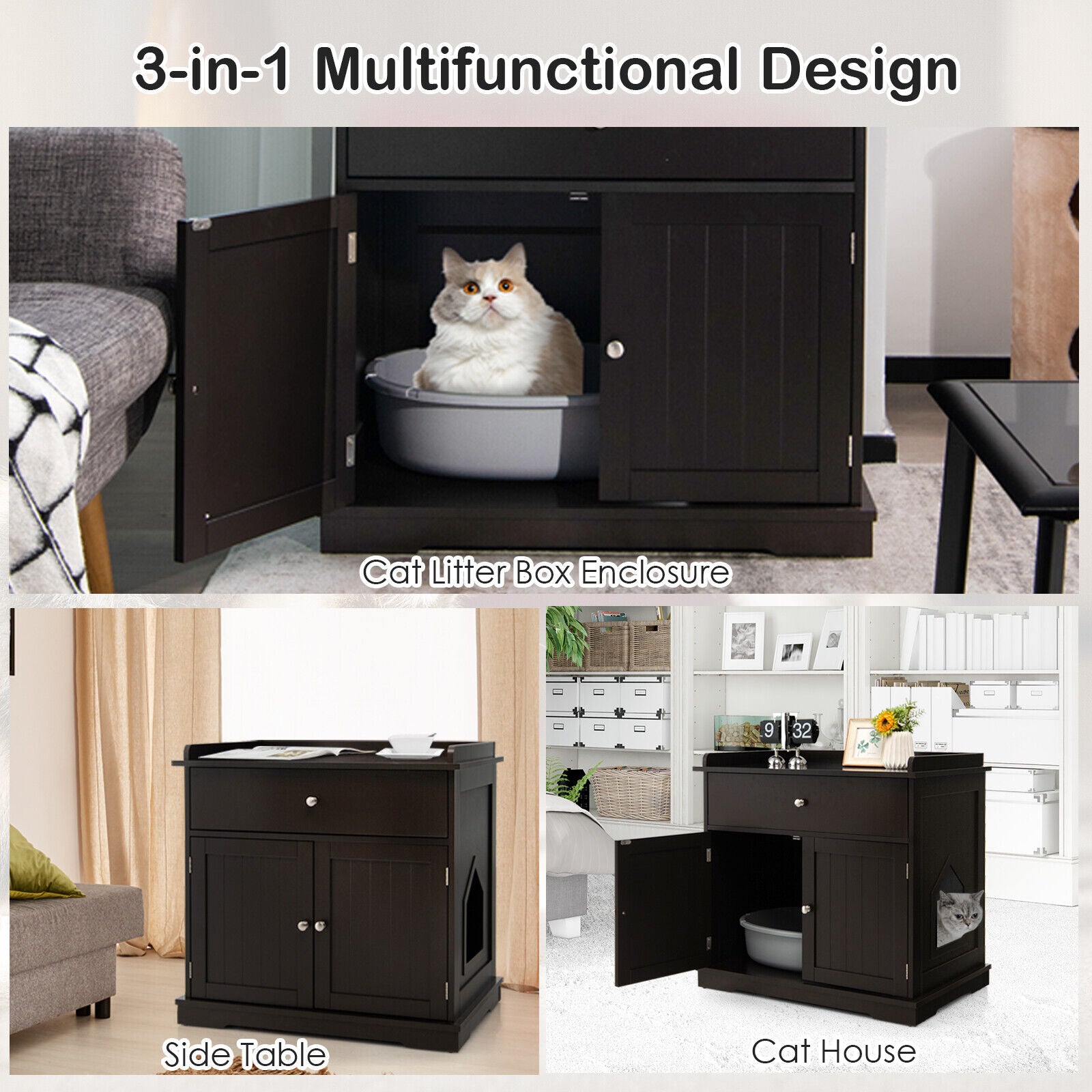 Wooden Cat Litter Box Enclosure with Drawer Side Table Furniture Cat House - view 8