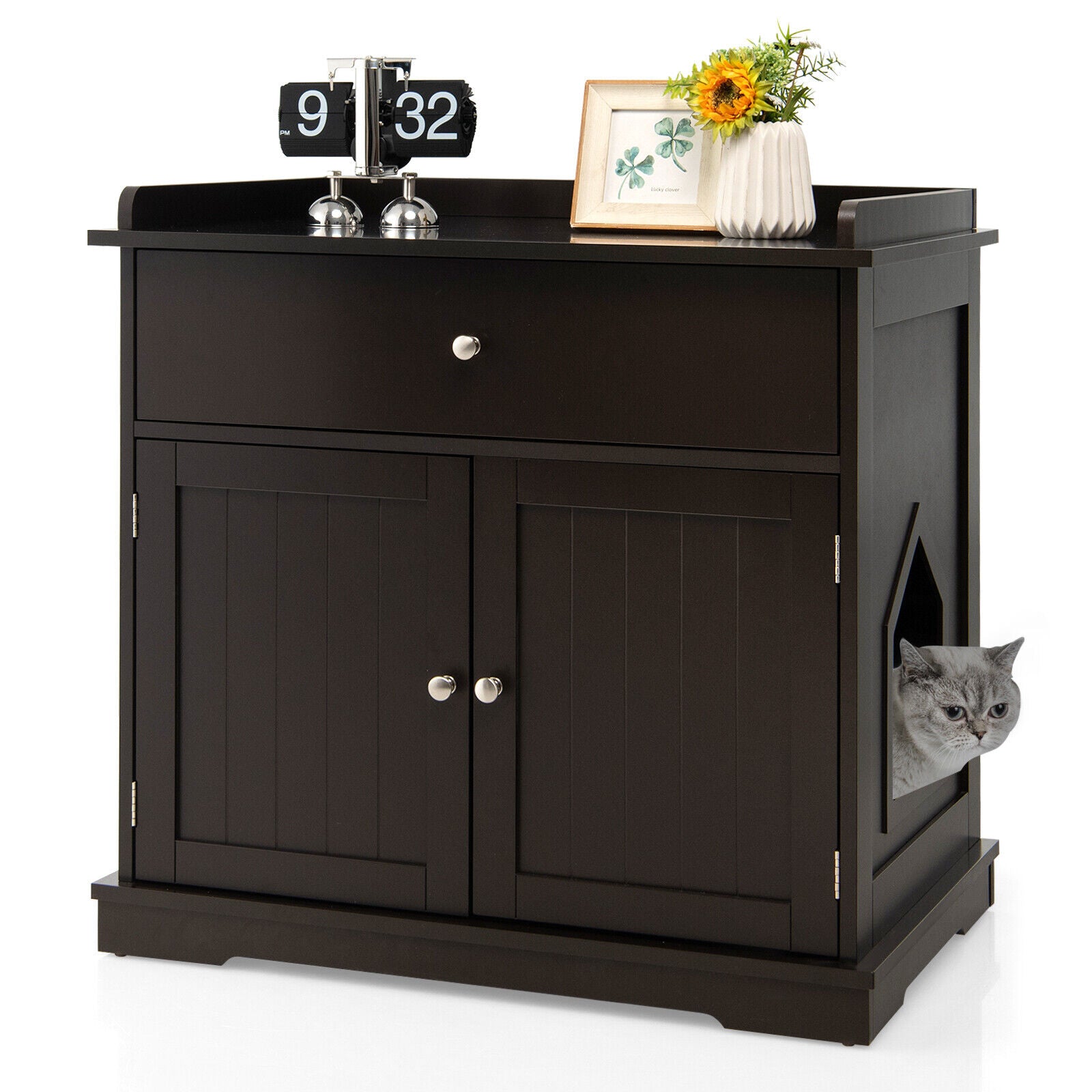 Wooden Cat Litter Box Enclosure with Drawer Side Table Furniture Cat House - view 7