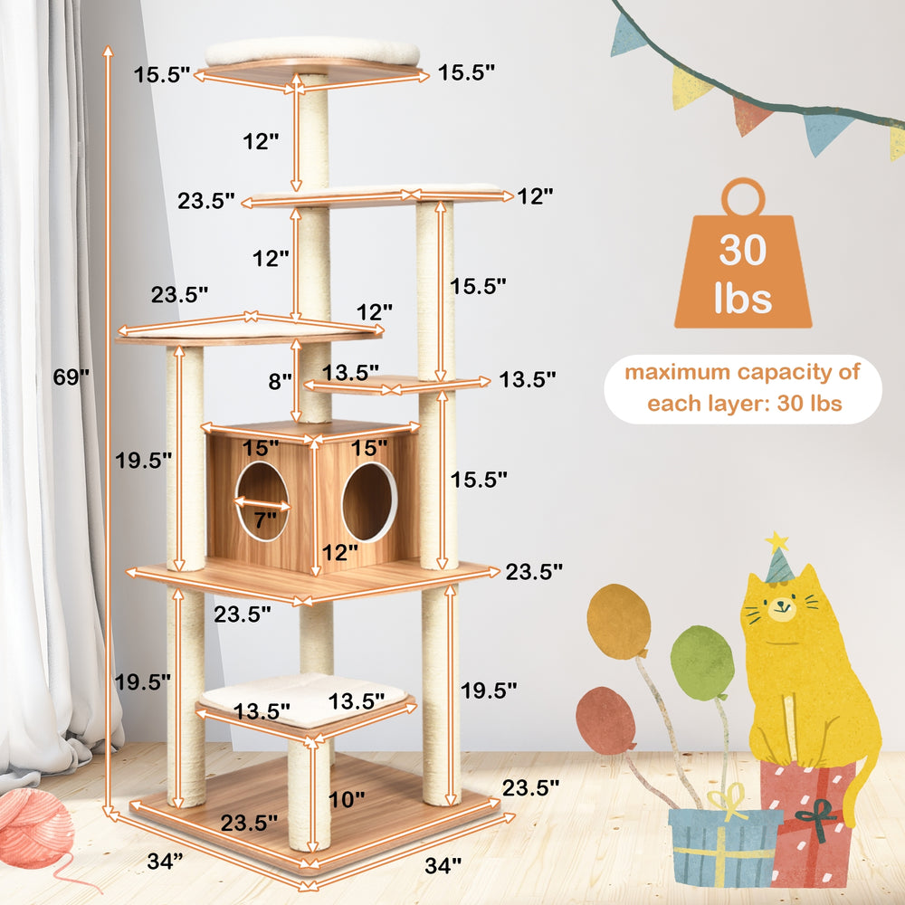 7-Layer Wooden Cat Tree Tall Cat Tower with Sisal Posts and Condo - view 5