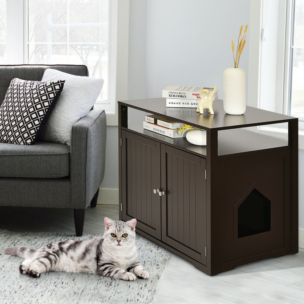 Wooden Cat Litter Box Enclosure Hidden Cat Washroom with Storage Layer Cat House - view 7