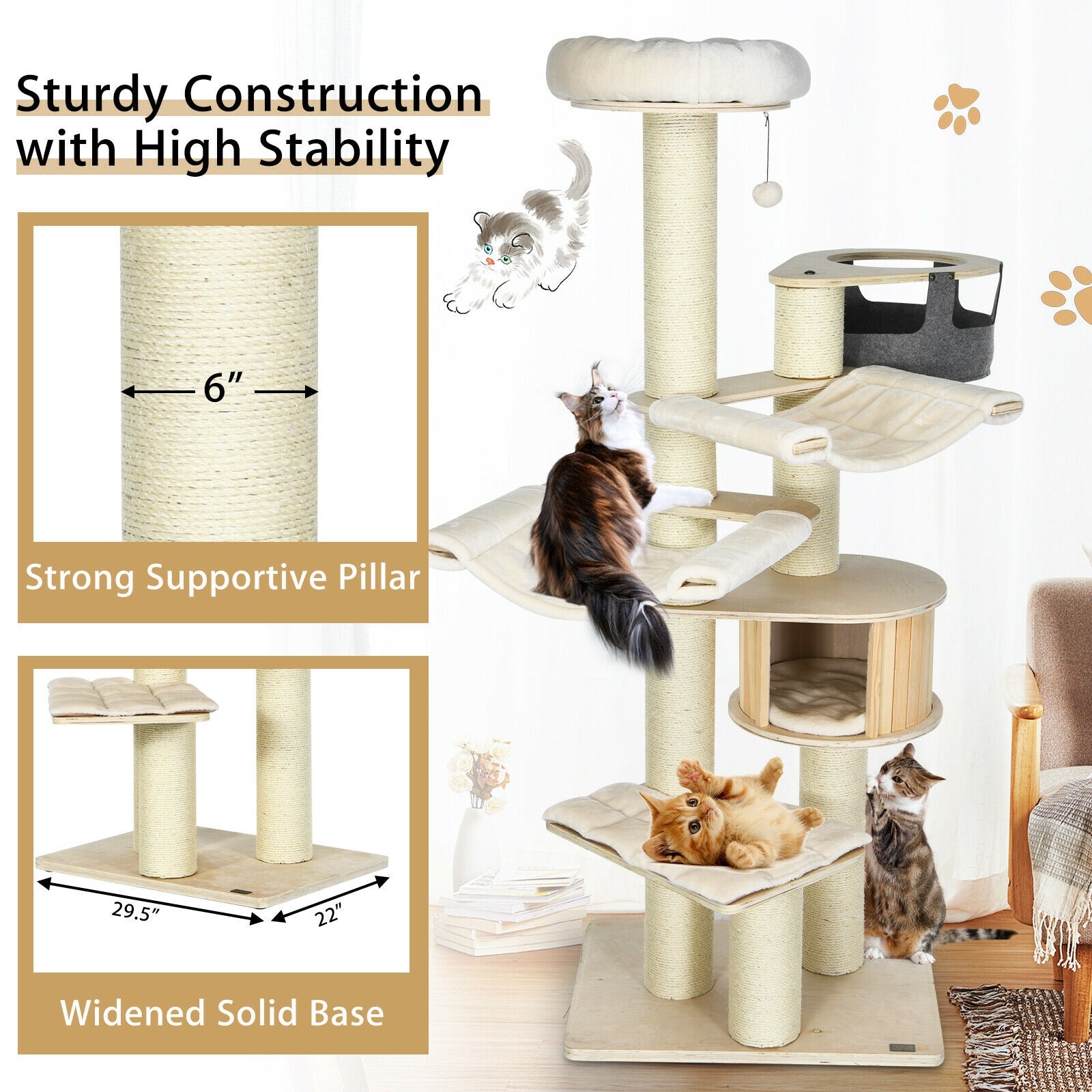 77.5-Inch Cat Tree Condo Multi-Level Kitten Activity Tower with Sisal - view 8